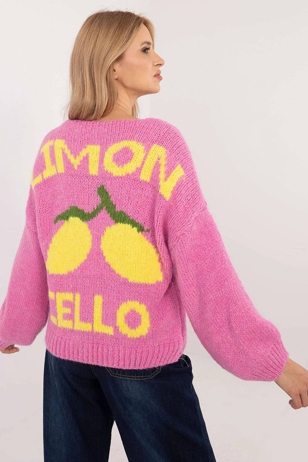 Cardigan femme mode Italy Moda couleur vif rose motif citron manches longues col V fermeture boutons métalliques