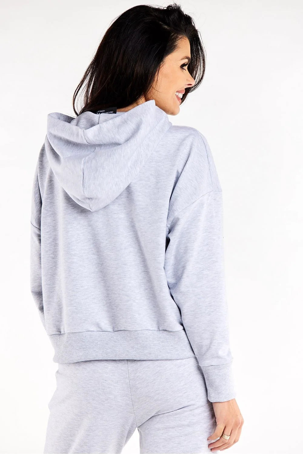 sweatshirt oversize capuche gris chiné molleton doux extensible poche kangourou manches tombantes bords côtes poignets pantalon assorti taille élastique confort