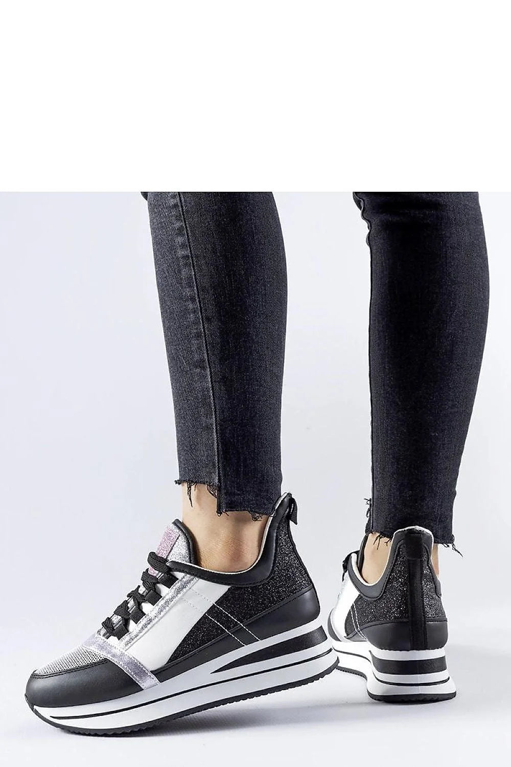 Baskets Solea élégantes modernes design tendance mixte cuir synthétique tissu pailleté noir blanc argent lacets ajustables semelle compensée plateforme confortable femme