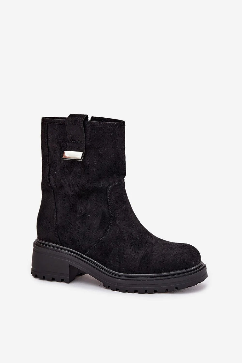 bottines femme suédine écologique noire fourrure synthétique zippée latérale bride décorative semelle crantée talon bloc bas confort urbain robuste