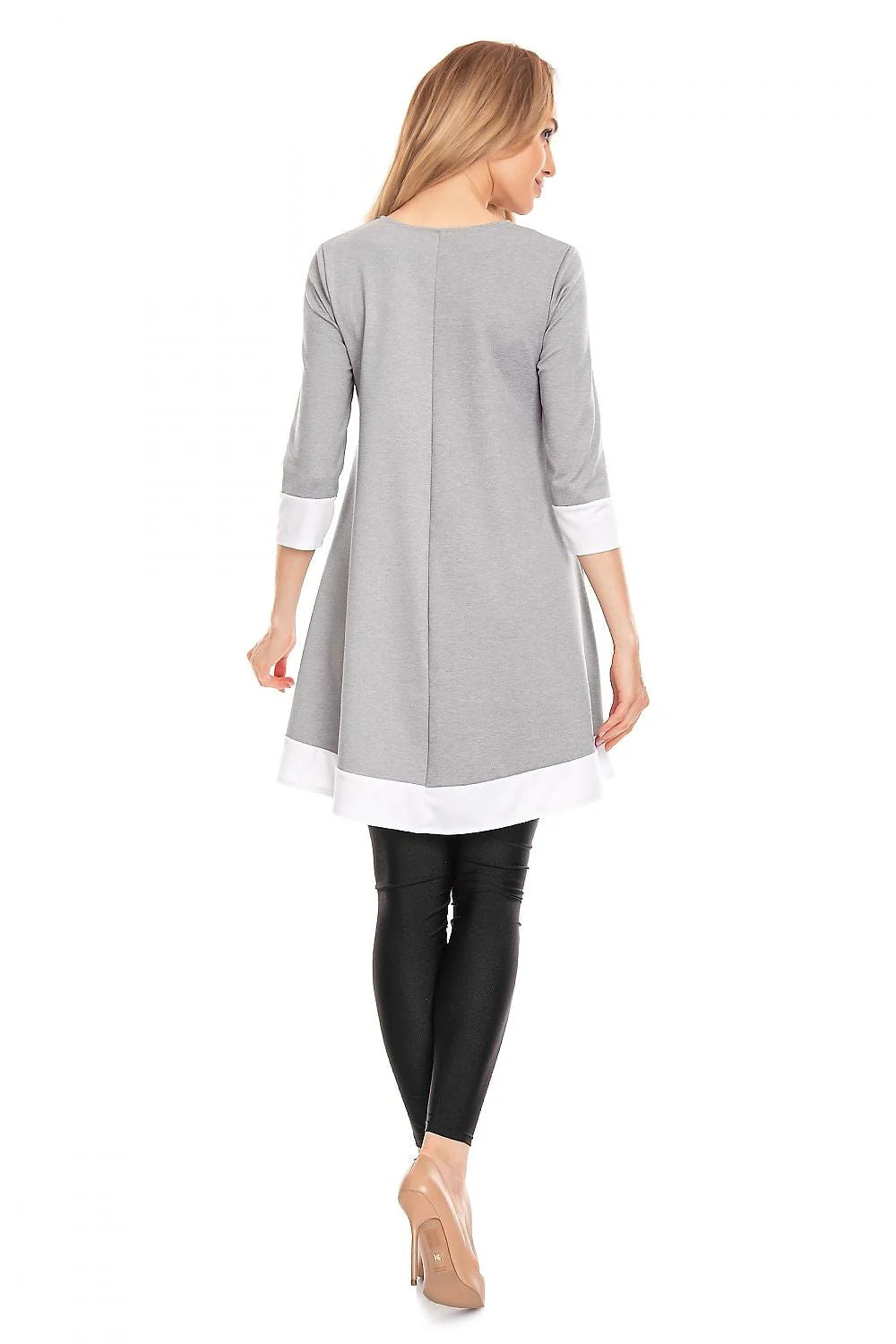 Top de maternité élégant Pee Ka Boo en maille douce, coupe ample, manches 3/4, gris et blanc, femme enceinte