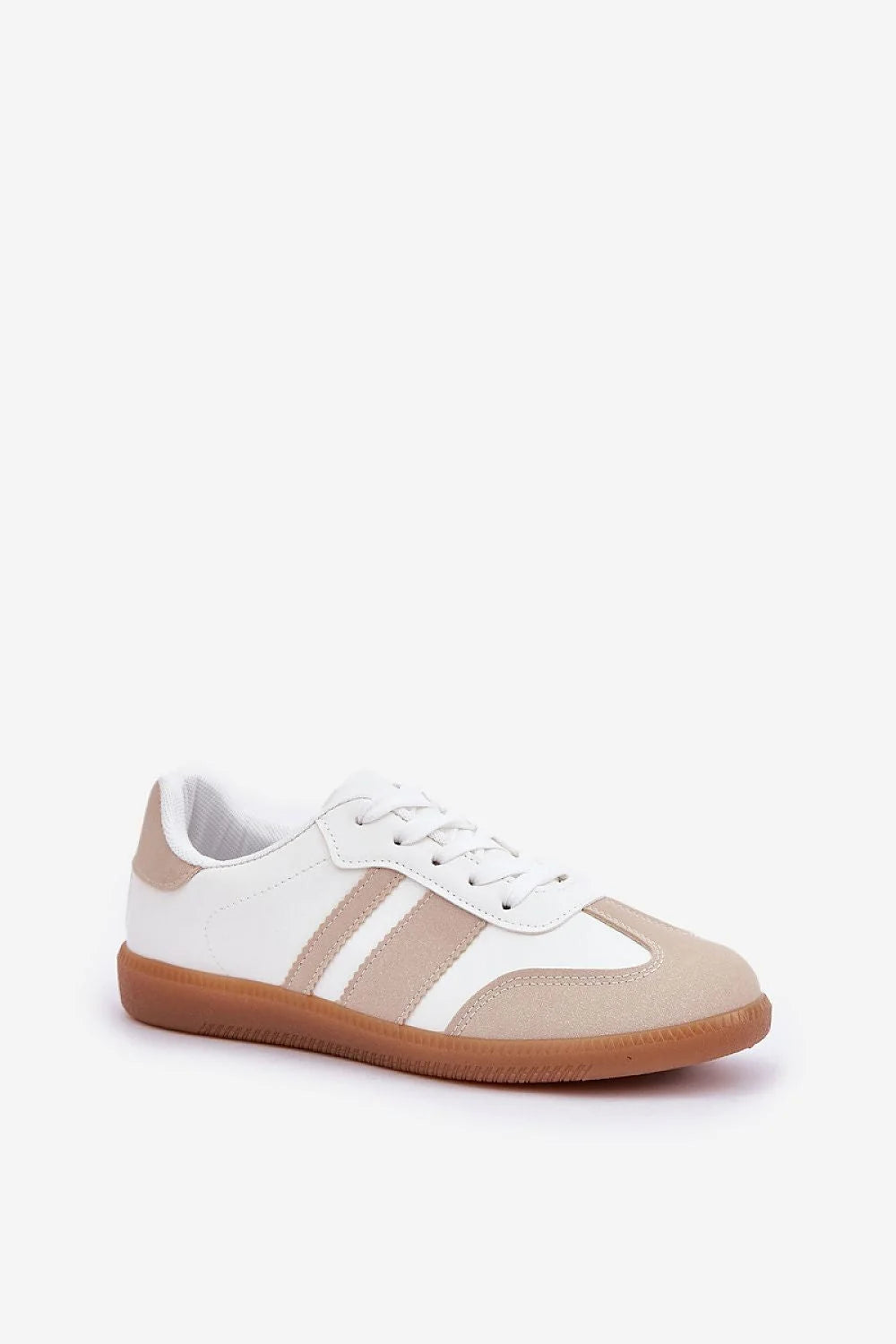 Chaussures de sport Step in style pour femmes, tendance, confort, style rétro, cuir synthétique blanc, daim beige, semelle marron clair, lacets classiques, amorti optimal, polyvalence