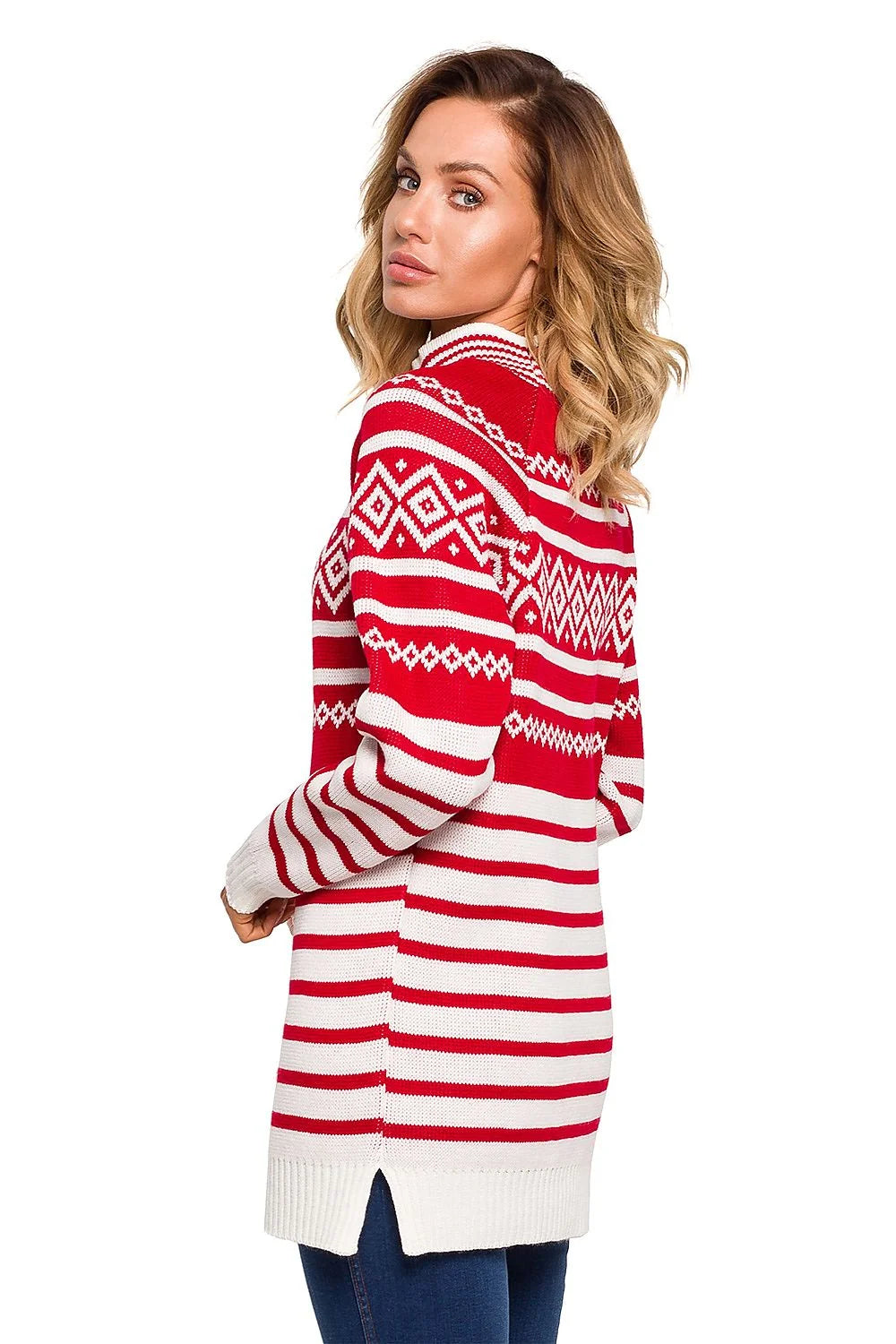 Pull en maille confortable ample motifs géométriques rose blanc col rond hiver pour femmes