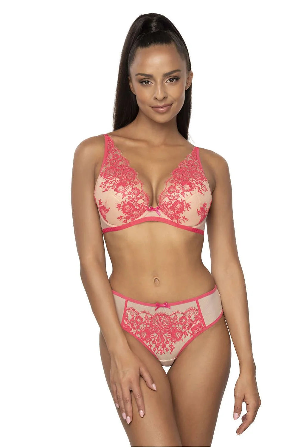 Soutien-gorge féminin push-up dentelle floral nude rose vif tulle doublé non rembourré ajustement parfait maintien naturel