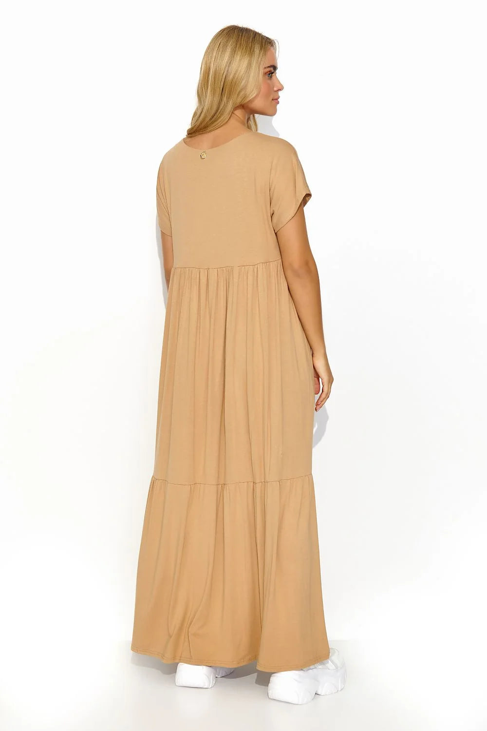 robe longue décontractée viscose camel col V manches courtes coupe ample taille empire volants jupe étages fluide stretch maxi bohème