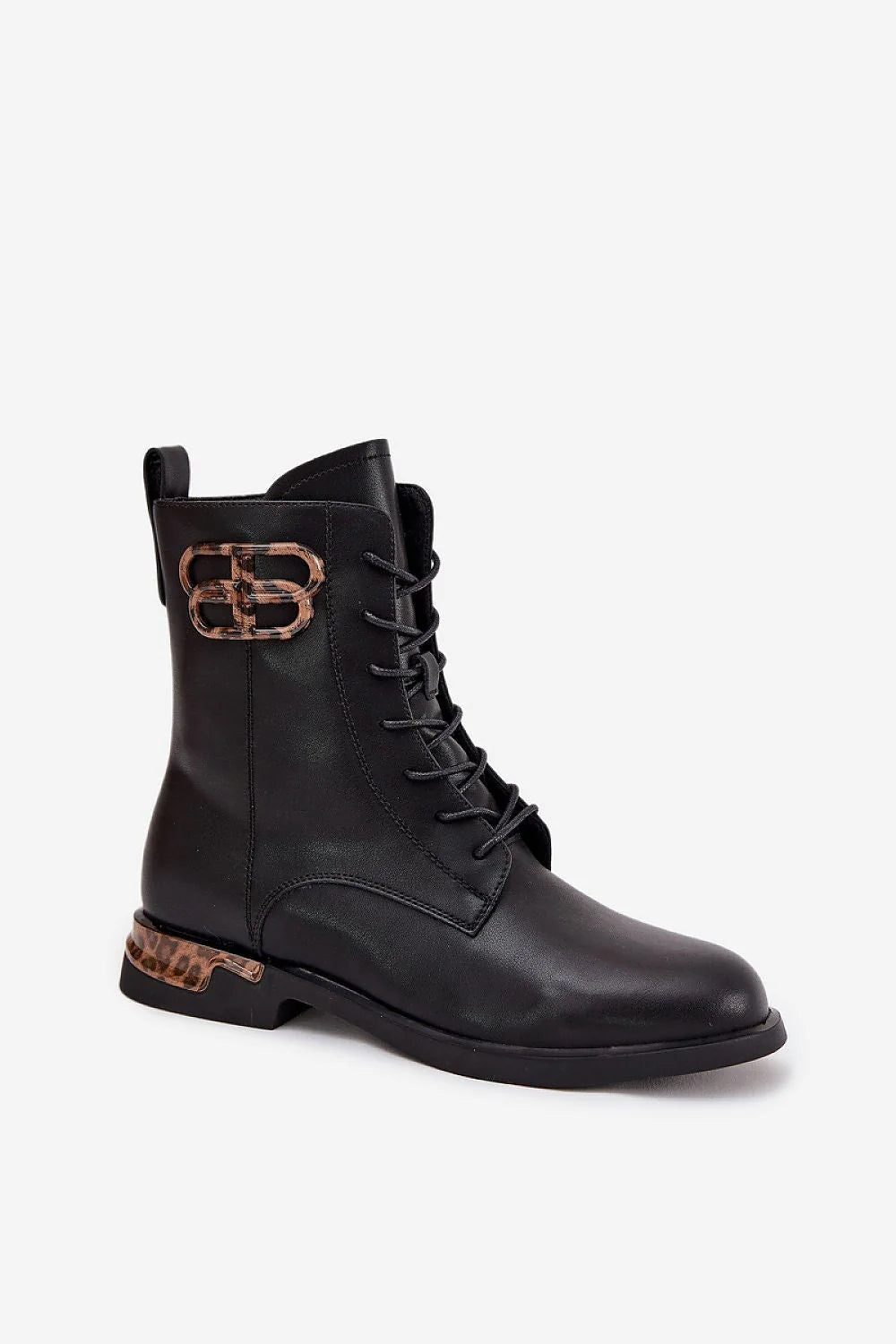 bottines femme cuir naturel noir montantes lacets zip latéral bout rond talon bas bloc imprimé léopard semelle antidérapante