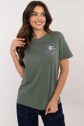 T-shirt femme vert kaki Good Morning marguerites court manches col rond style casual loose fit