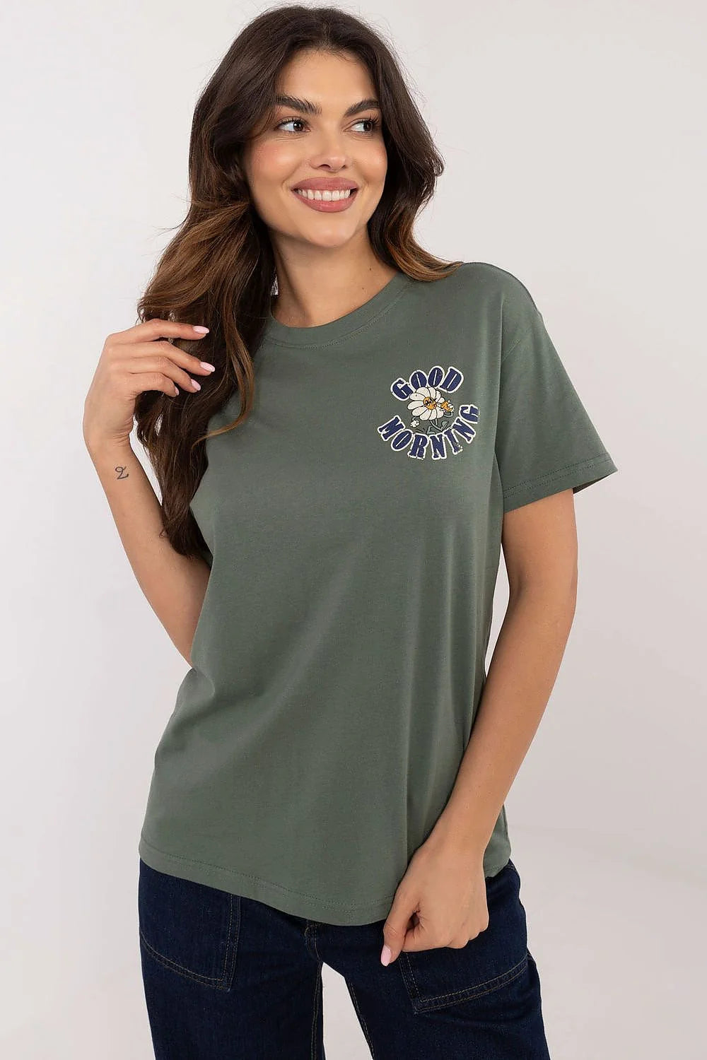 T-shirt femme vert kaki Good Morning marguerites court manches col rond style casual loose fit
