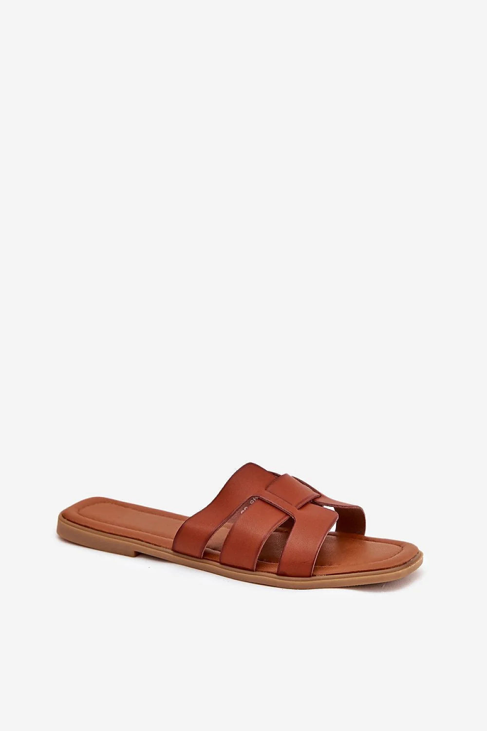 sandales femme plates mules simili cuir cognac larges brides entrelacées bout ouvert semelle intérieure rembourrée antidérapante