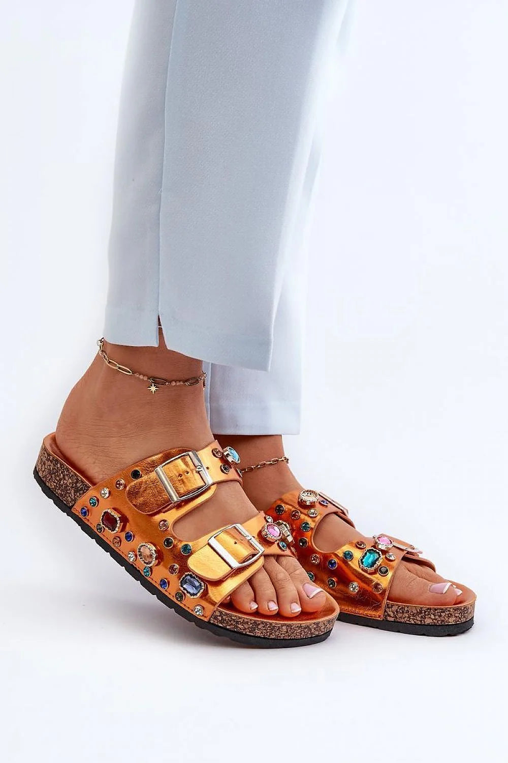 sandales femme mules bohochic cuir artificiel cuivré métallisé pierres multicolores brides ajustables boucles dorées plateforme liège semelle anatomique caoutchouc confortable