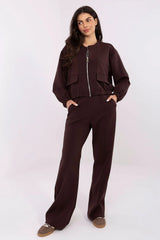 pantalon jogging femme taillehaute jambes larges coton polyester doux respirant confortable décontracté chic marron foncé pocheslatérales cordontaille couturesdecoratives