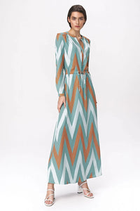 Robe longue fluide polyester spandex turquoise imprimé zigzag manches longues élégante ajustable occasions multiples femme