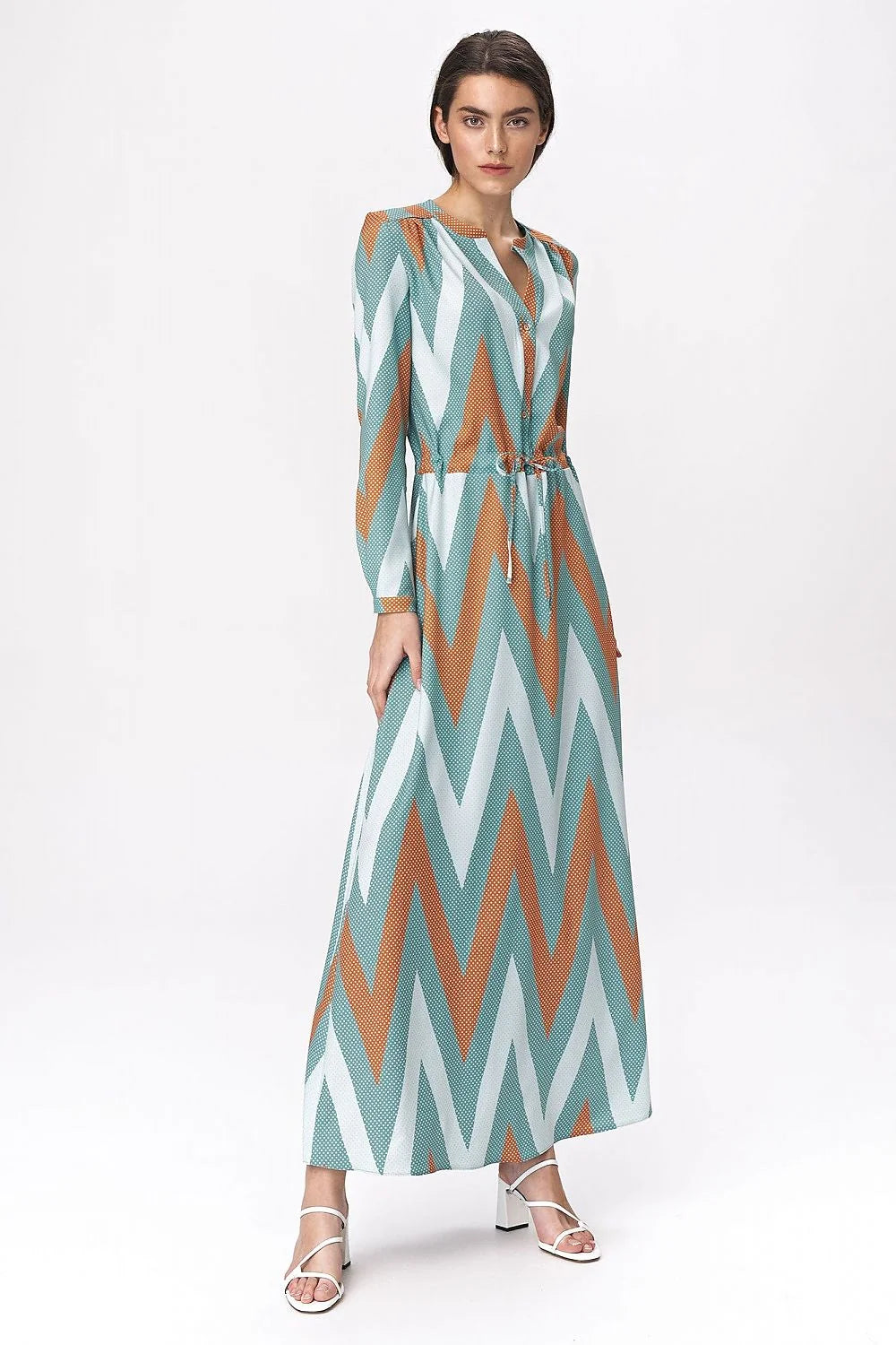 Robe longue fluide polyester spandex turquoise imprimé zigzag manches longues élégante ajustable occasions multiples femme
