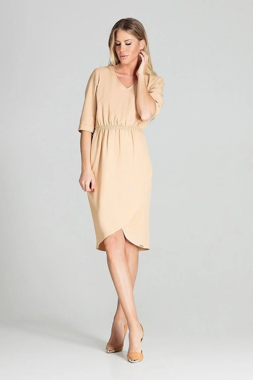 robe midi femme bleu ciel manches trois quarts col rond taille élastique jupe portefeuille asymétrique coupe blousante cintrée