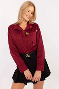 Chemise manche longue Italy Moda en coton aéré élasthanne, style classique intemporel, poche frontale, broches fantaisie, pour femme