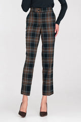 pantalon femme taille haute cropped carreaux tartan noir marron beige laine mélangée coupe ajustée cheville plis repassés fente