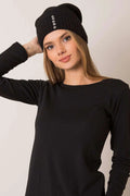 Bonnet et pull à manches longues pour femme en laine et acrylique, style urbain et moderne, noir uni, six boutons argentés, coupe ajustée et ample