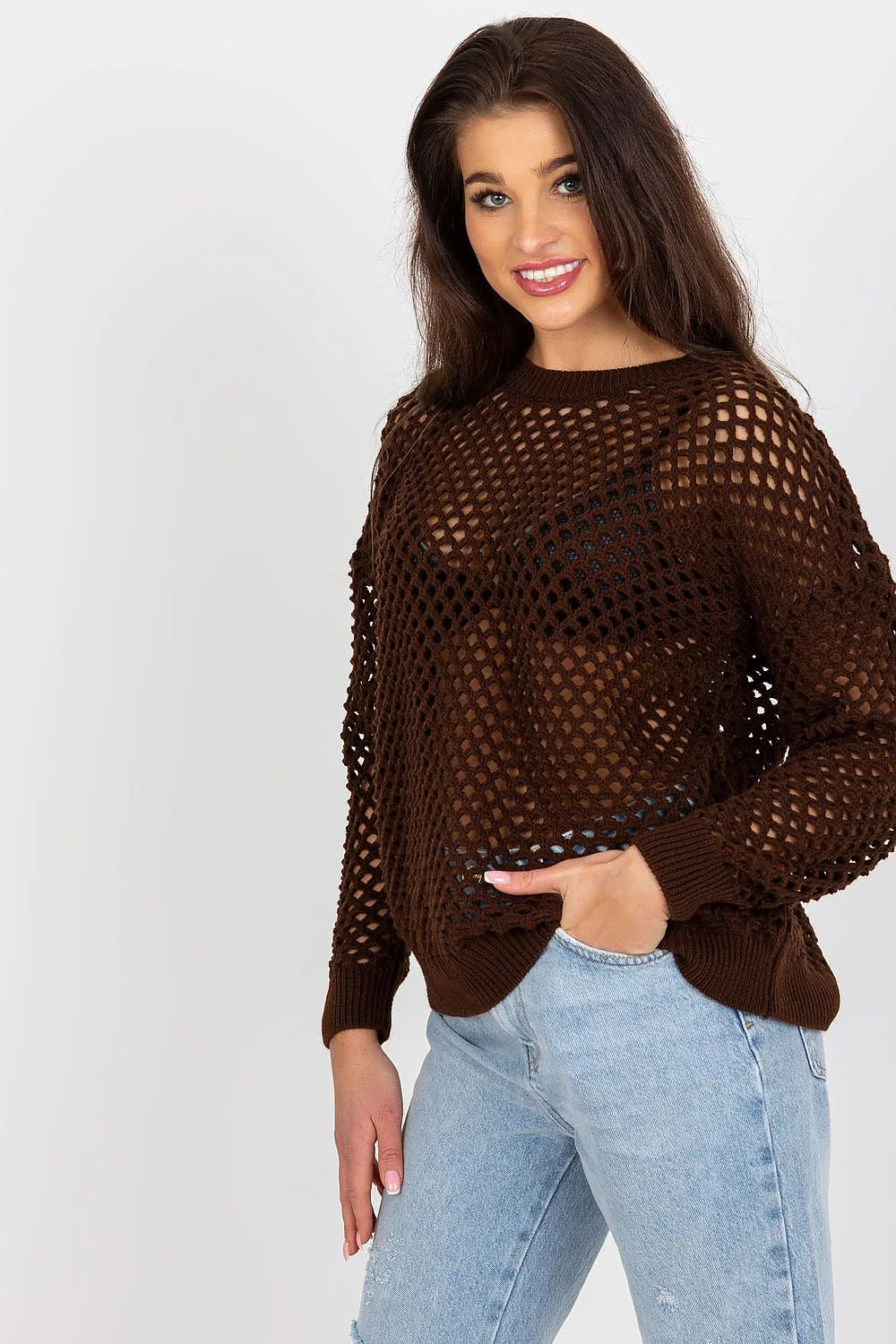 Haut pour femme en maille ouverte style décontracté moderne manches longues encolure ronde couleur marron foncé