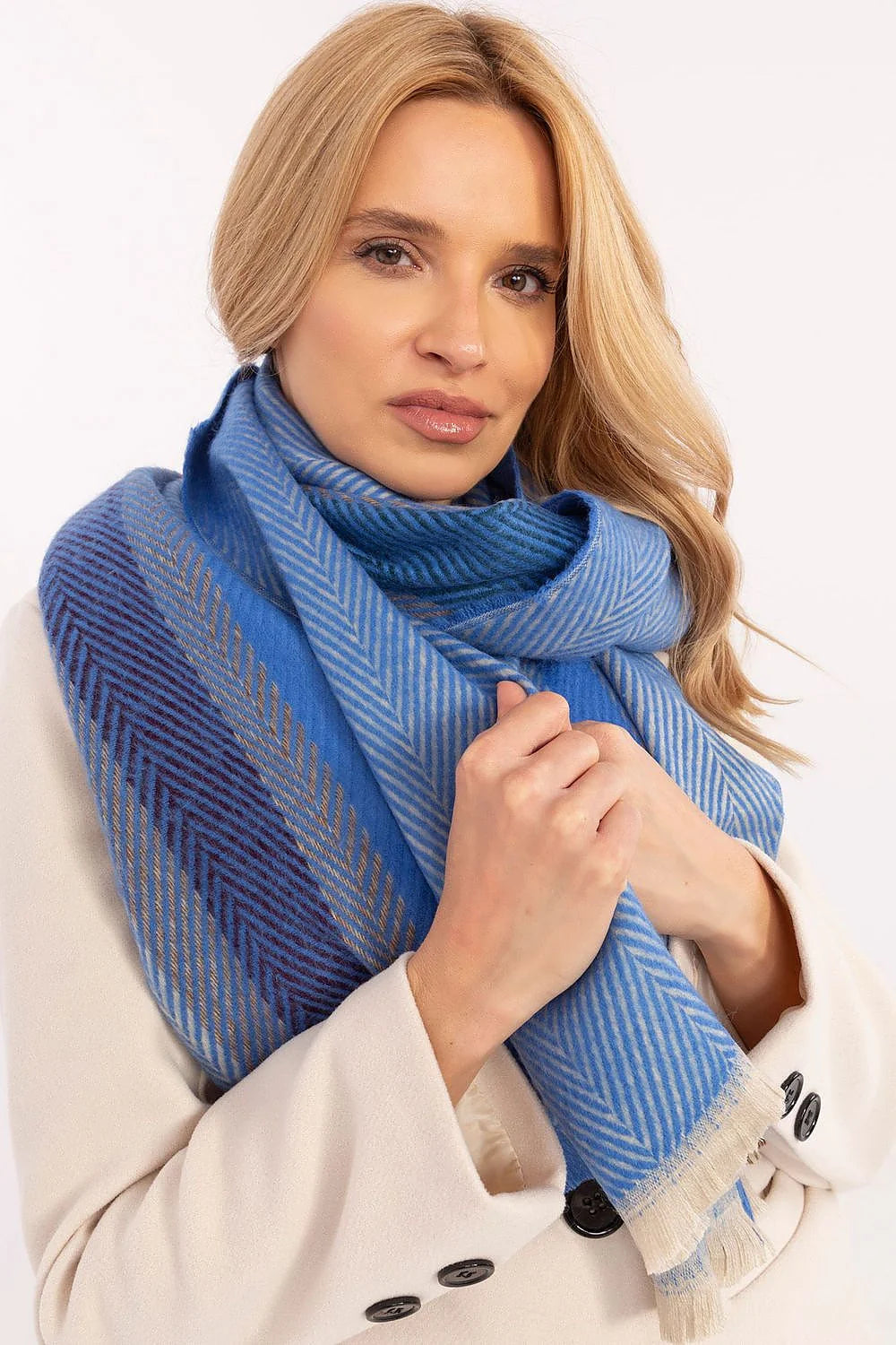 Écharpe d'hiver élégante pour femme, motif rayures bleu, longueur 194 cm, viscose luxueuse, idéale pour les froids