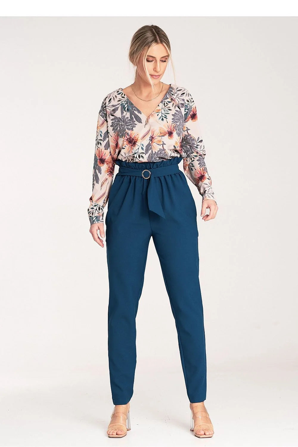 Pantalon femme élégant moderne coupe carotte taille haute ceinture dorée polyester tailles XS S M L XL