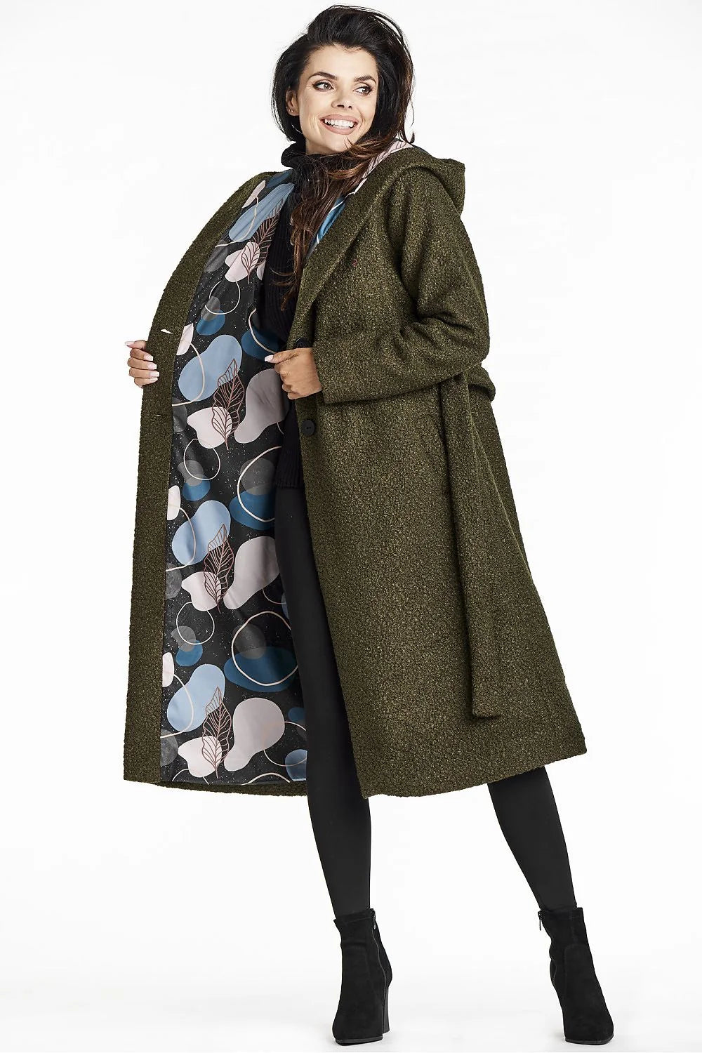 Manteau élégant pour femmes vert olive col châle capuche laine bouclée Awama longueur mi-mollet ceinture fermeture boutons