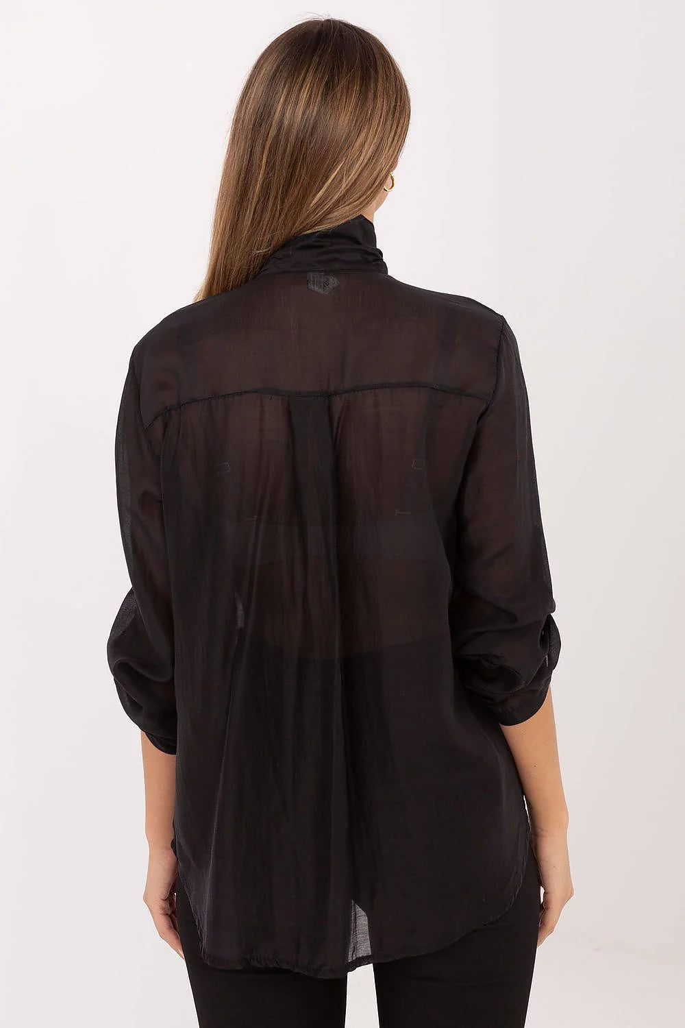 chemise femme manches longues retroussables chiffon voile noir semi transparent col lavallière nouée patte boutonnage centrale coupe droite fluide