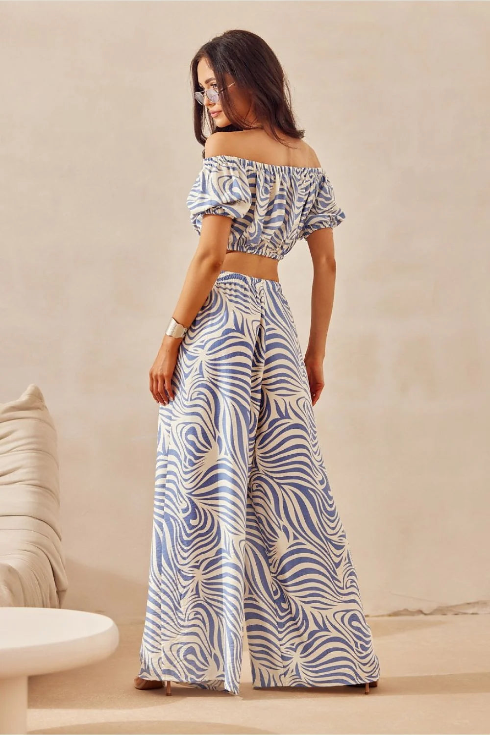 Ensemble femme crop top pantalon large zébré bleu blanc tunique fluide été高 waist高 taille ajustable