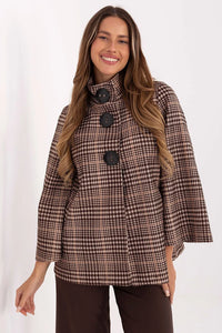 manteau cape court femme piedpoule marron beige coupe evasee mihanche col montant boutons oversize manches larges