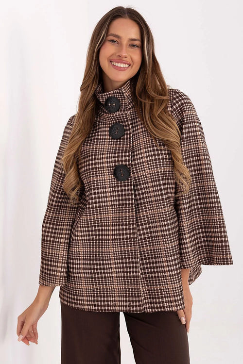 manteau cape court femme piedpoule marron beige coupe evasee mihanche col montant boutons oversize manches larges