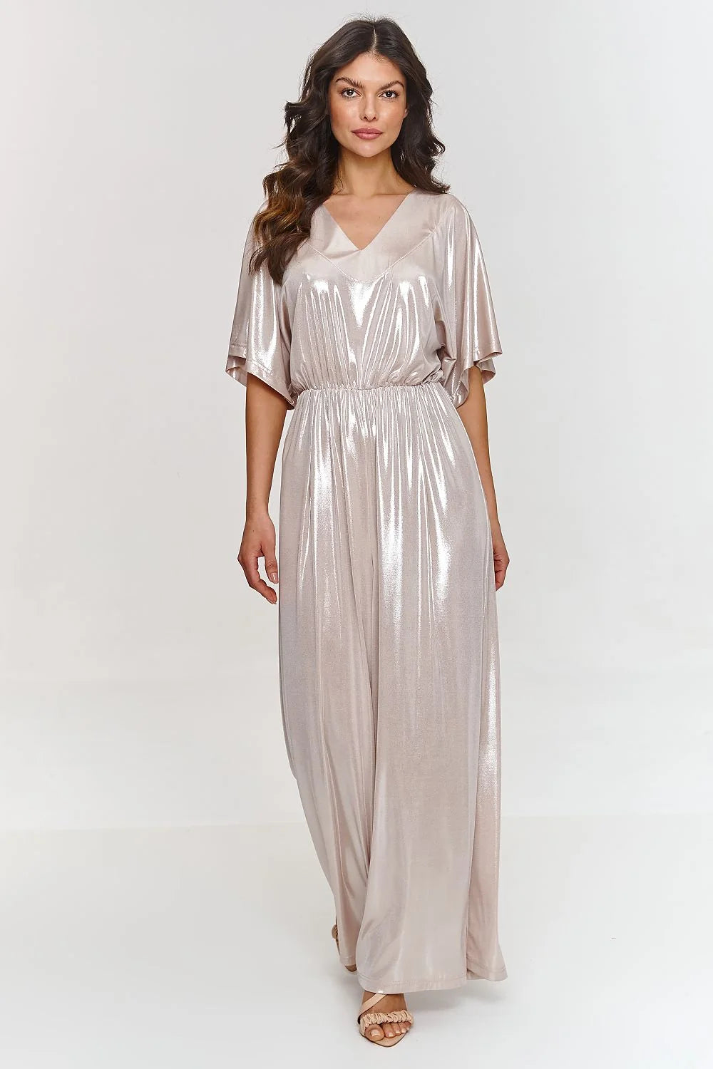 Robe longue élégante Makadamia en tissu métallique champagne manches courtes encolure V taille ajustable soirée cocktail mariage femme