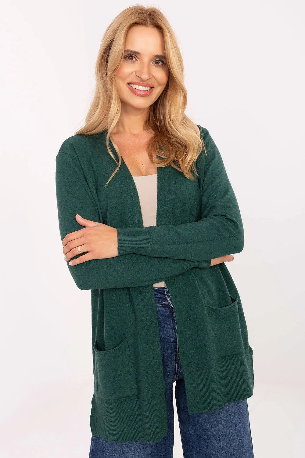 cardigan femme mi long ouvert maille fine vert sapin coupe droite décontractée manches longues poches plaquées viscose modal