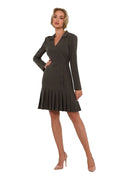 Robe de jour élégante pour femme en kaki foncé, manches longues, col à revers, taille ajustable, polyester et viscose