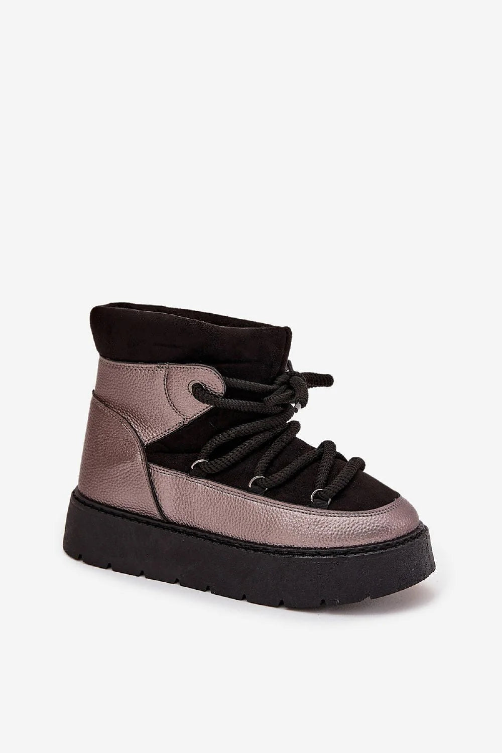 bottines neige femmes suédine écologique cuir synthétique plateforme 3cm semelle crantée noire empeigne métallisé rosebronze lacets épais col rembourré fourrure