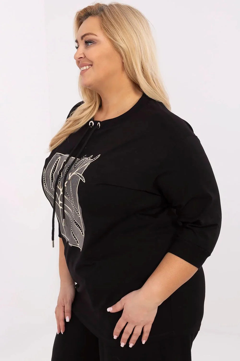 Chemisier grande taille Relevance style décontracté noir imprimé feuille manches 3/4 col rond cordon serrage femme