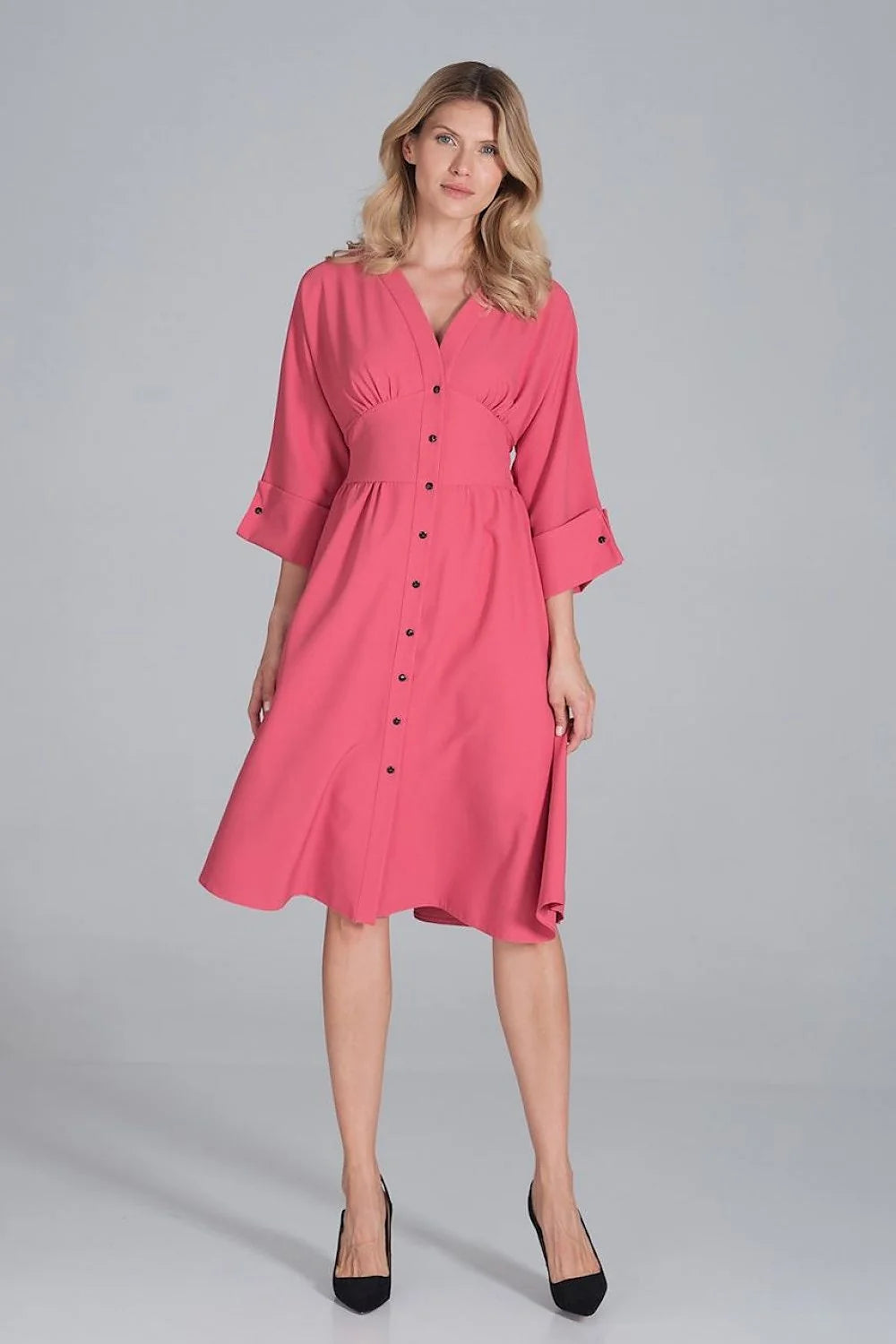 Robe midi polyester élégante rose vive manches trois-quarts boutons col V femme mode chic