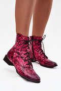 bottines femme cuir naturel python fuchsia marbré verni bout pointu tige cheville lacets noirs talon bas biseauté semelle fine