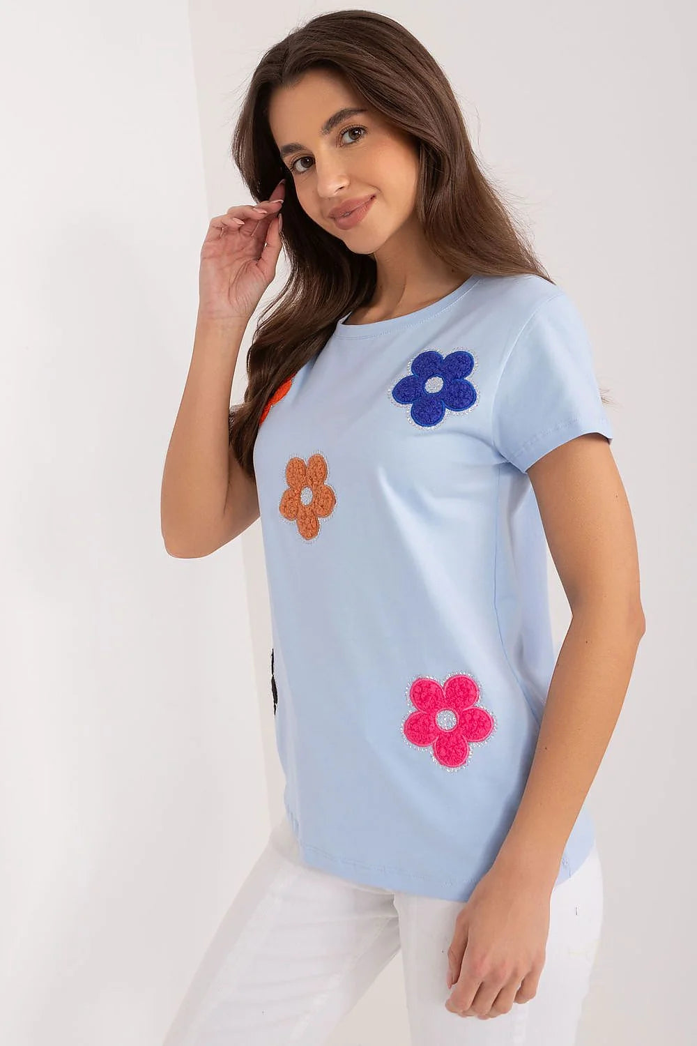 T-shirt femme moderne casual fleurs appliqués coton coupe classique bleu multicolore été confortable style décontracté haute qualité