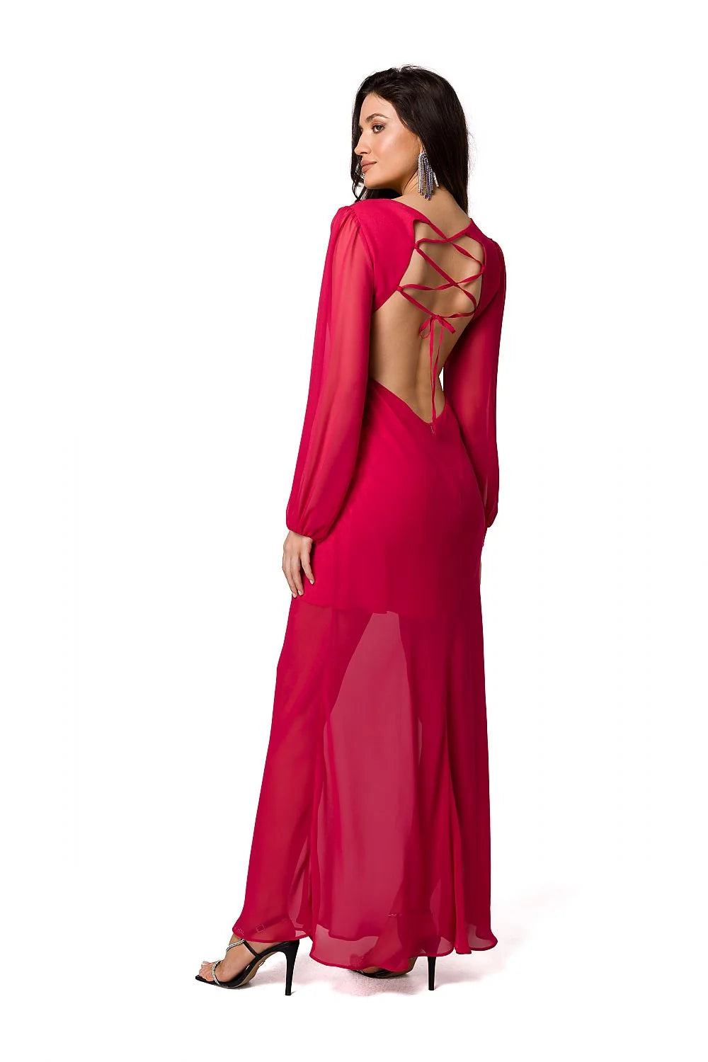 Robe de soirée élégante longue manches longues dos ouvert structuré moderne couleur rouge femmes polyester occasion spéciale