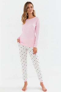 Pyjama pour femme en coton rose pâle et blanche pois multicolores manches longues coupe ample pantalon taille élastique