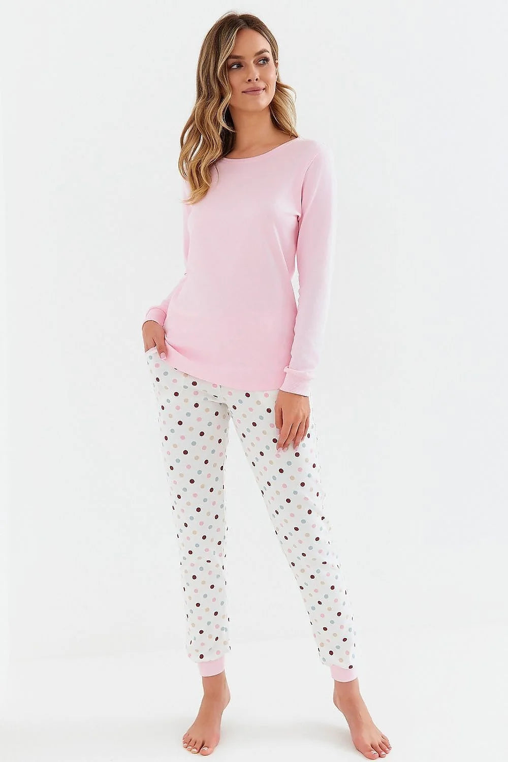 Pyjama pour femme en coton rose pâle et blanche pois multicolores manches longues coupe ample pantalon taille élastique