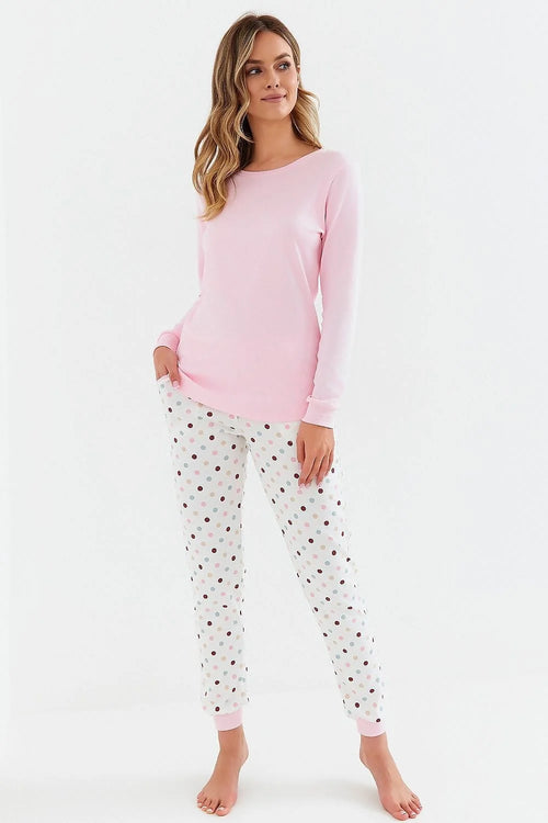Pyjama pour femme en coton rose pâle et blanche pois multicolores manches longues coupe ample pantalon taille élastique