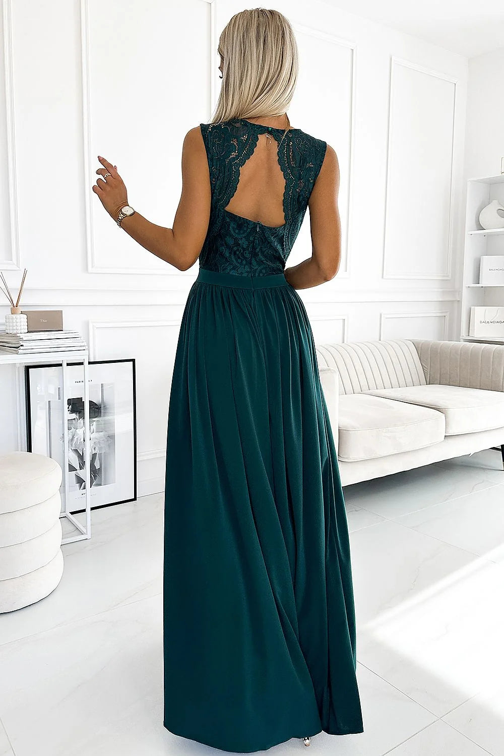 Robe longue élégante verte dentelle bustier fente dos ouvert soirée femme