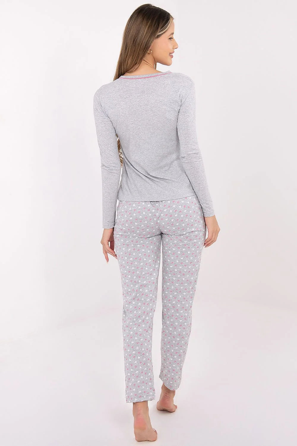 pyjama femme deux pièces coton doux confortable manches longues col rond boutons décoratifs pantalon droit gris chiné cœurs blancs roses