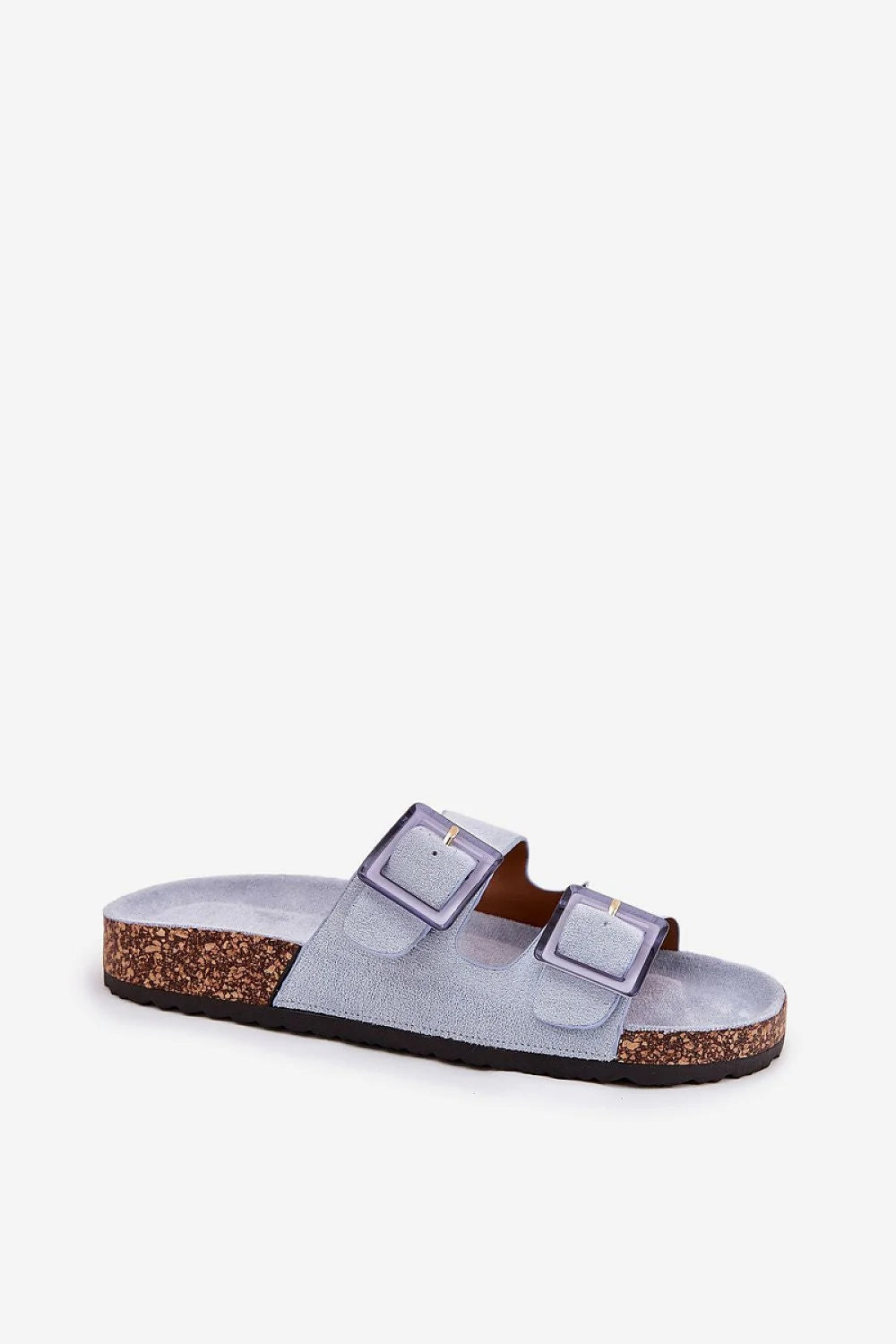 sandales femme mule ouvert orteils effet suédé lilas pastel lanières larges réglables boucles carrées semelle liège anatomique rembourrée