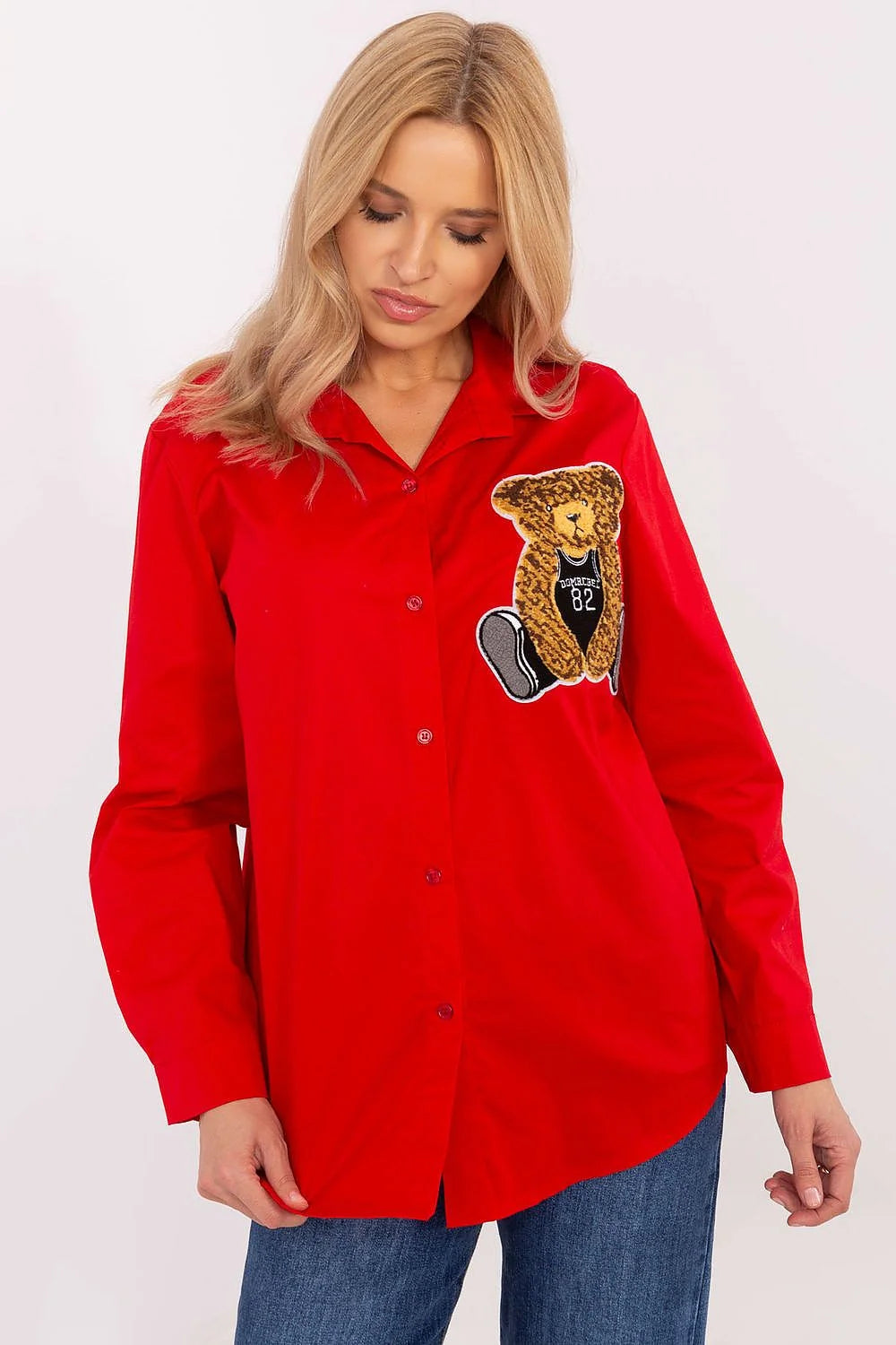 Chemise femme manches longues style casual broderie ours en peluche coton élasthanne confort polyvalente mode moderne coupe ample élégance originalité