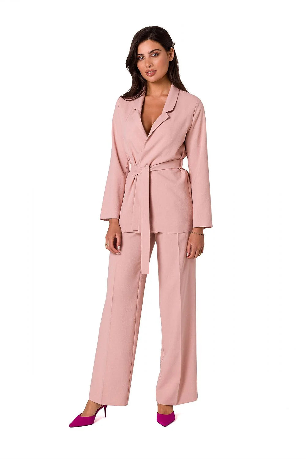 Ensemble femme blazer chemisier manches longues pantalon droit taille ajustable style élégant matériau léger couleur blanc pur