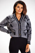 Cardigan pour femme moderne élégant manches longues motifs asymétriques gris chiné noir laine tricotée coupe ajustée automne hiver