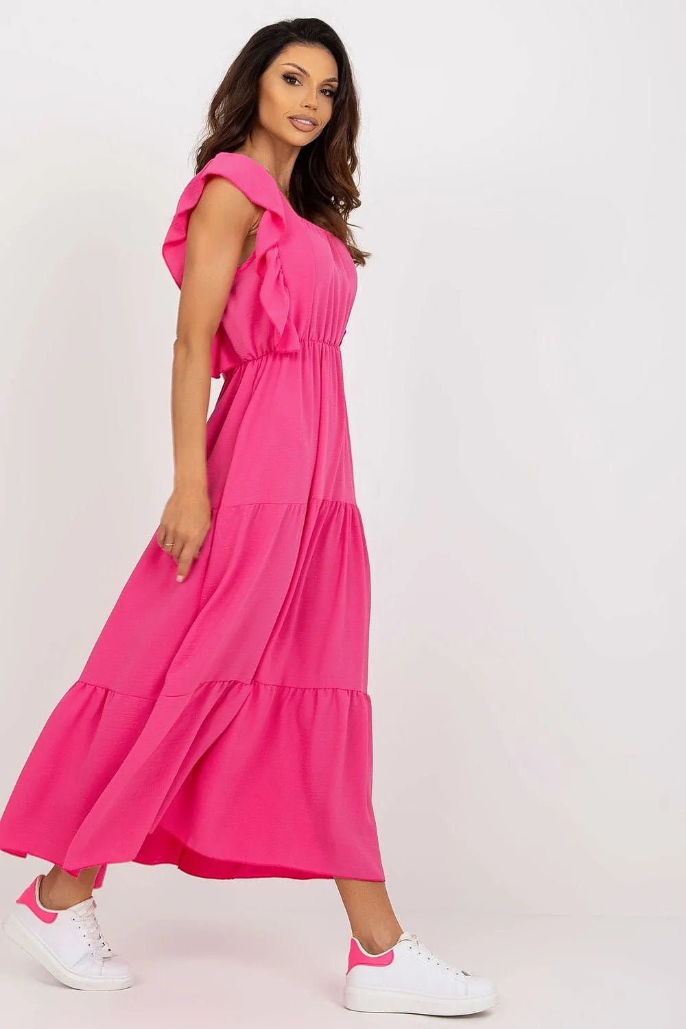 Robe été longue sans manches encolure carrée taille élastiquée volants roses vif polyester elasthanne femme occasion décontractée