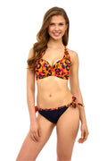 bikini femme sexy armatures maintien décolleté V profond halter bretelles nouées ajustables motif léopard orange rose noir culotte taille basse