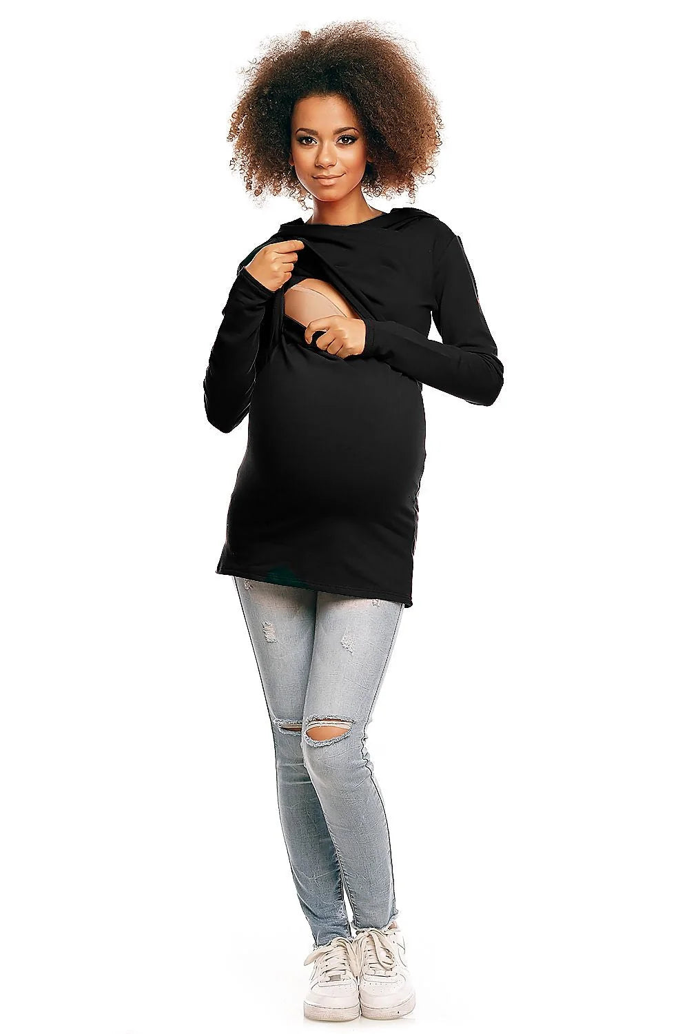 Sweatshirt maternité coton col drapé élégant confortable bleu clair pour futures mamans mode pratique